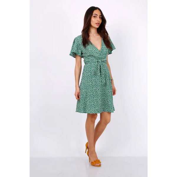 Summer Green Daisy Dot Wrap Front Mini Dress - Dresses