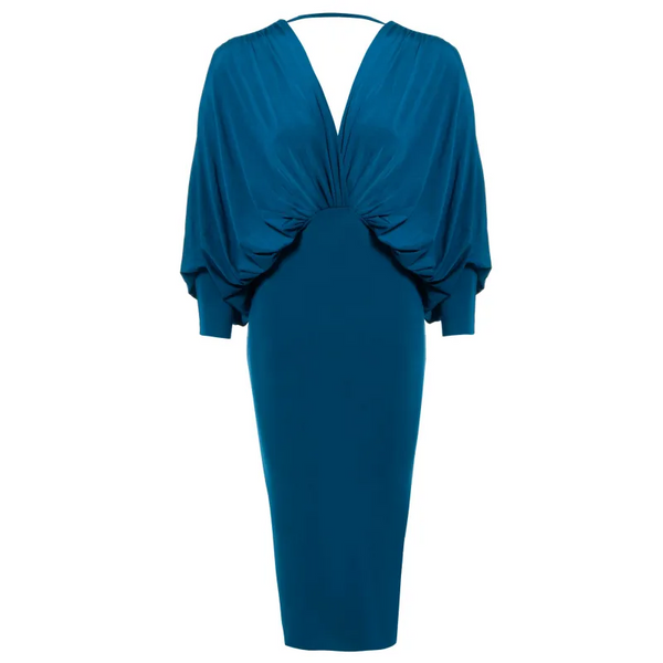 Teal Plunging Front Midi Dress - S / Dresses