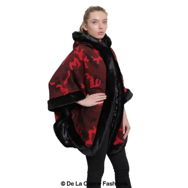 Women’s Camo Print Fur Trim Hooded Cape - Coats & Jackets