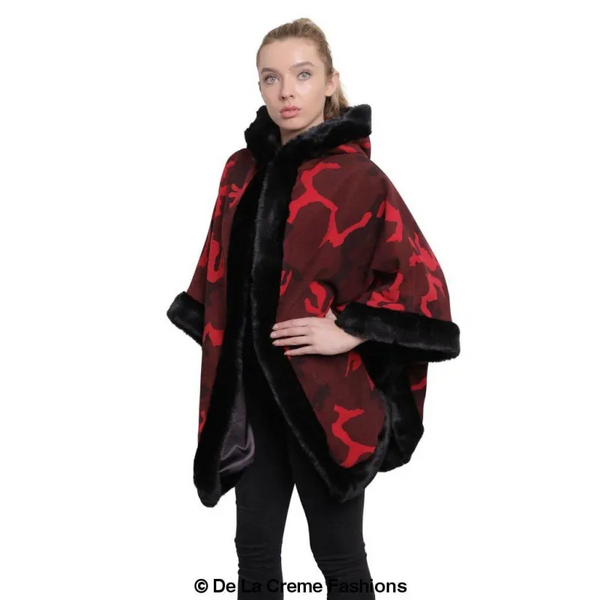 Women’s Camo Print Fur Trim Hooded Cape - Coats & Jackets