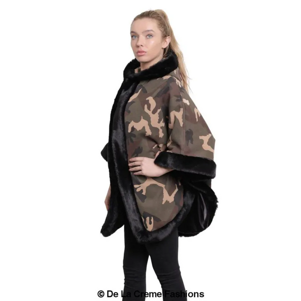 Women’s Camo Print Fur Trim Hooded Cape - Coats & Jackets