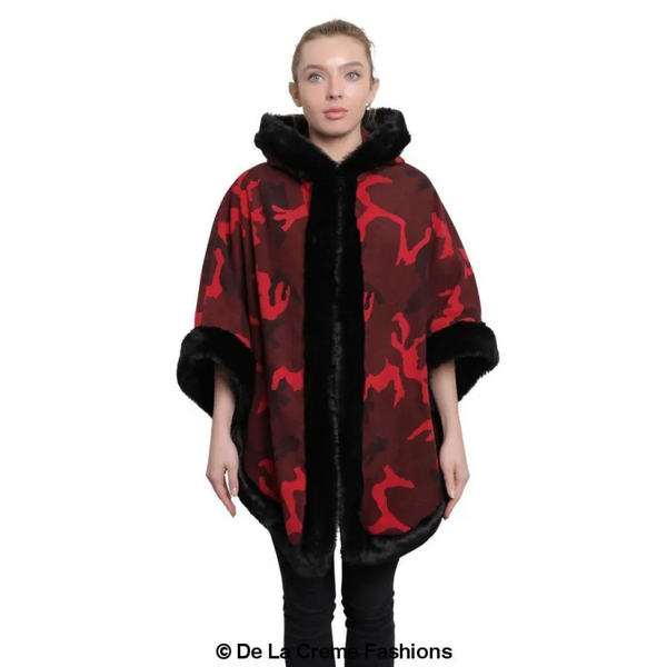 Women’s Camo Print Fur Trim Hooded Cape - Coats & Jackets