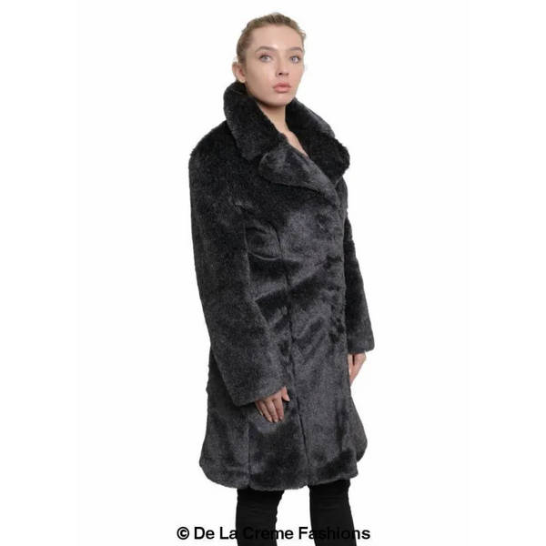 Women’s Faux Fur Large Lapel Mid Length Coat - Coats &