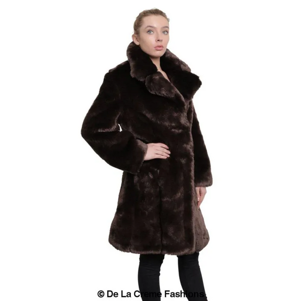 Women’s Faux Fur Large Lapel Mid Length Coat - Coats &