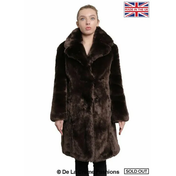 Women’s Faux Fur Large Lapel Mid Length Coat - UK 10/EU