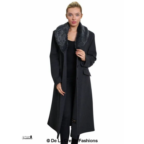 Women’s Oversized Faux Fur Collar Long Coat - Coats &