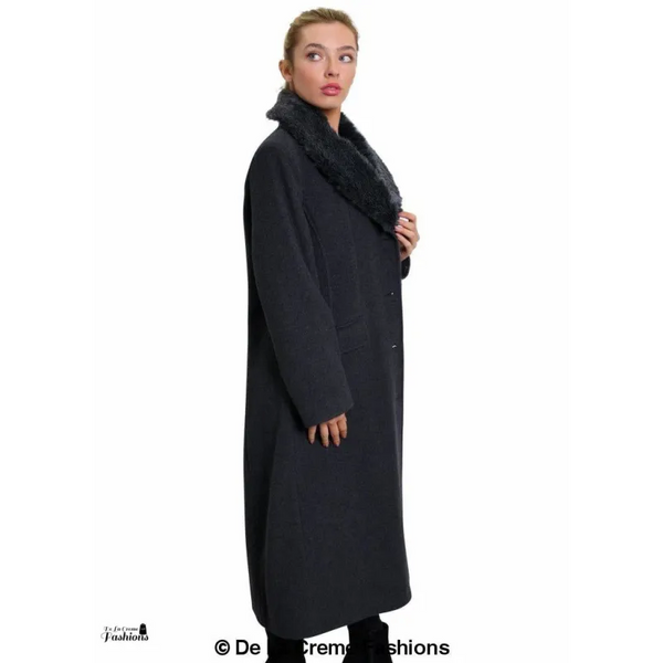 Women’s Oversized Faux Fur Collar Long Coat - Coats &