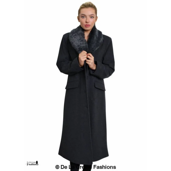 Women’s Oversized Faux Fur Collar Long Coat - Coats &