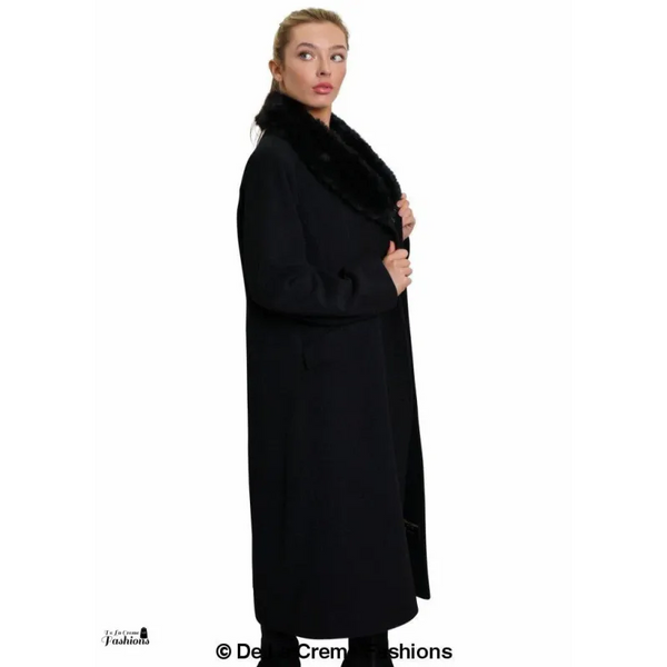 Women’s Oversized Faux Fur Collar Long Coat - Coats &