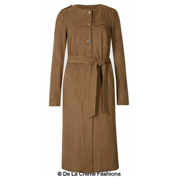 Women’s Tan Brown Suedette Longline Duster Coat - Coats &