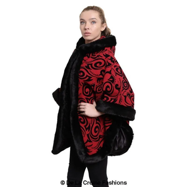 Women’s Tribal Print Fur Lined Hooded Cape - Coats & Jackets