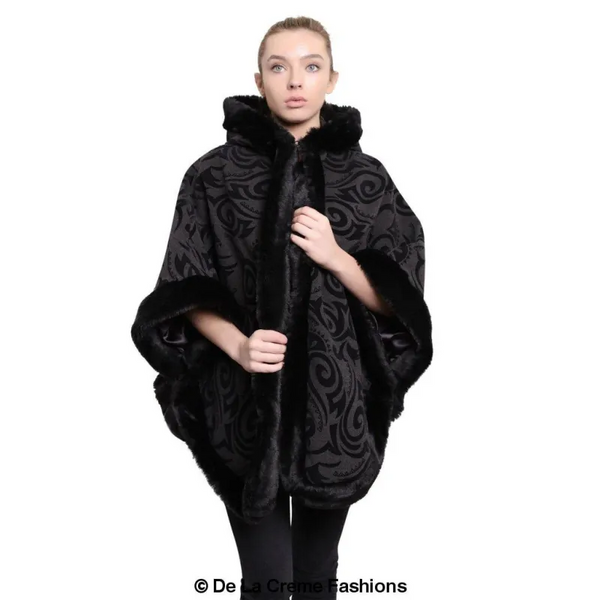 Women’s Tribal Print Fur Lined Hooded Cape - Coats & Jackets