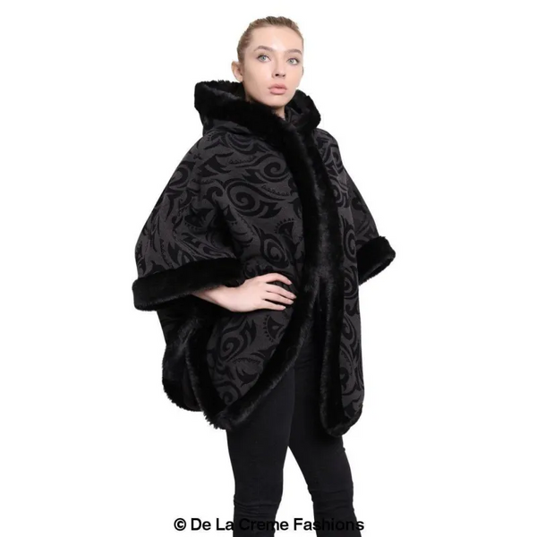 Women’s Tribal Print Fur Lined Hooded Cape - Coats & Jackets