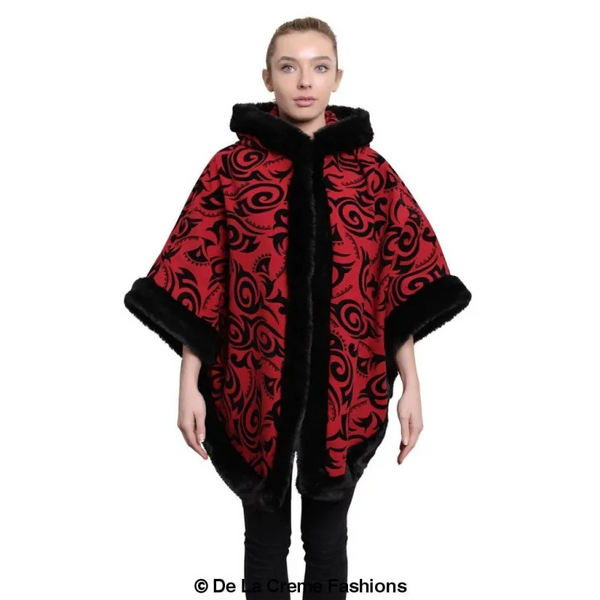 Women’s Tribal Print Fur Lined Hooded Cape - Coats & Jackets