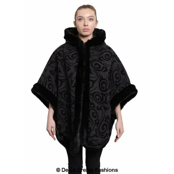 Women’s Tribal Print Fur Lined Hooded Cape - One Size