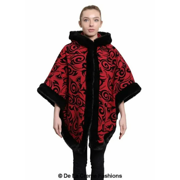 Women’s Tribal Print Fur Lined Hooded Cape - One Size