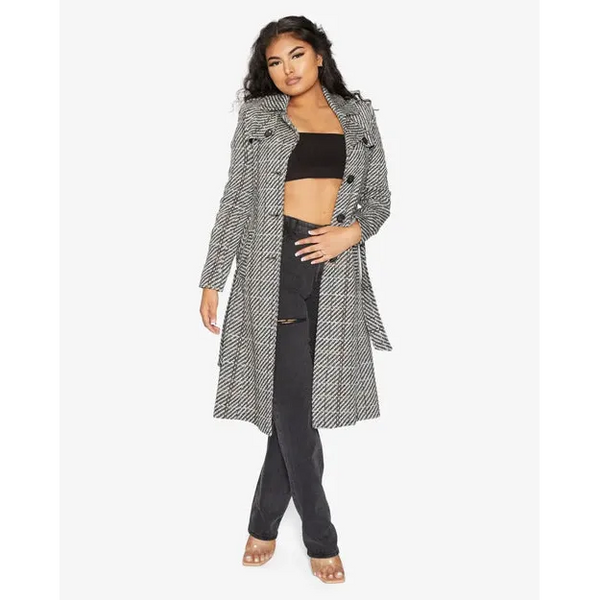 Women’s Wool Blend Check Military Duster Coat - UK 10/EU