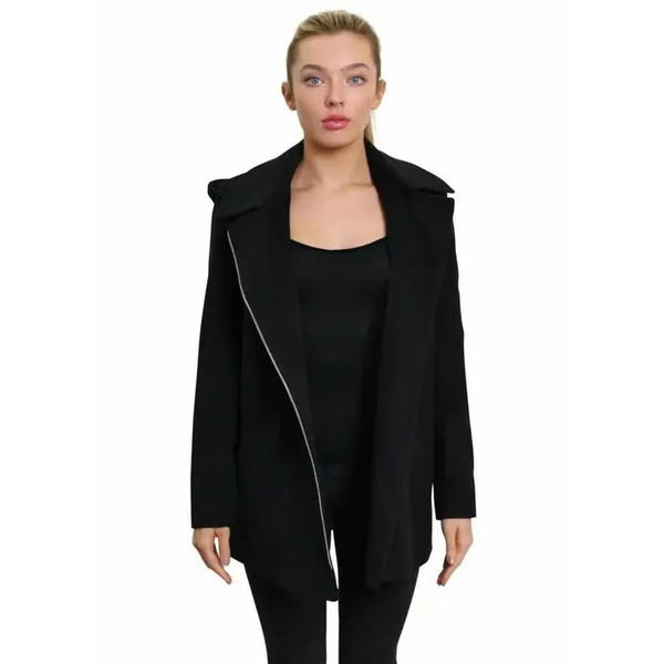 Women’s Wool Blend Zip Up Hooded Coat - Black / UK 10/EU