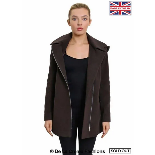 Women’s Wool Blend Zip Up Hooded Coat - Brown / UK 8/EU