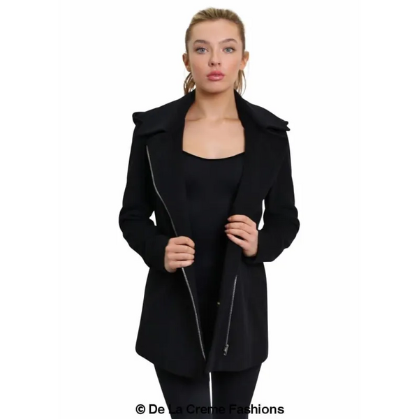 Women’s Wool Blend Zip Up Hooded Coat - Jackets & Coats