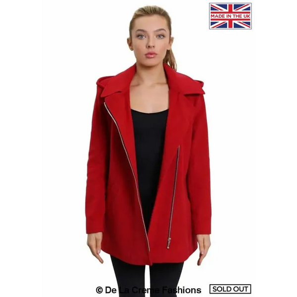 Women’s Wool Blend Zip Up Hooded Coat - Red / UK 20/EU