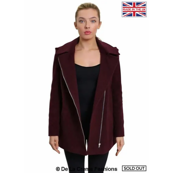 Women’s Wool Blend Zip Up Hooded Coat - Wine / UK 8/EU