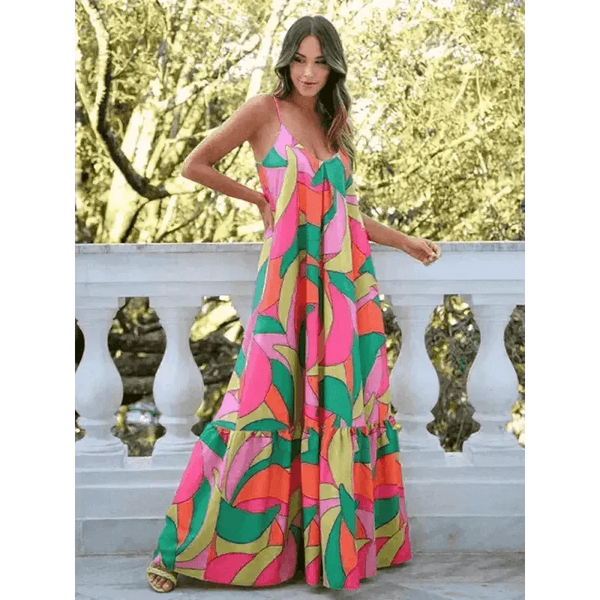 Women's Color Block Print Cover-Up Ruffle Hemline Maxi Dress - Epic Fashion UKAllDressWomen