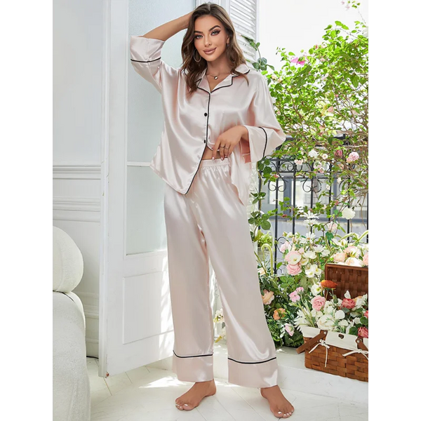 Women’s color-blocking imitation silk long-sleeve pajama