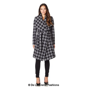 Womens Dogtooth Grey Duster Coat - Coats & Jackets