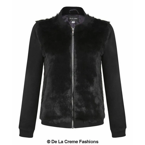 Womens Faux Fur Zip-Thru Varsity Bomber Jacket - Coats &