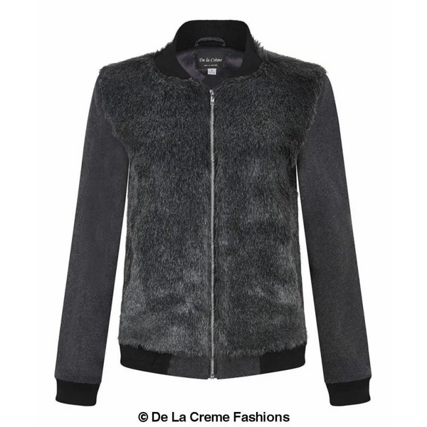 Womens Faux Fur Zip-Thru Varsity Bomber Jacket - Coats &