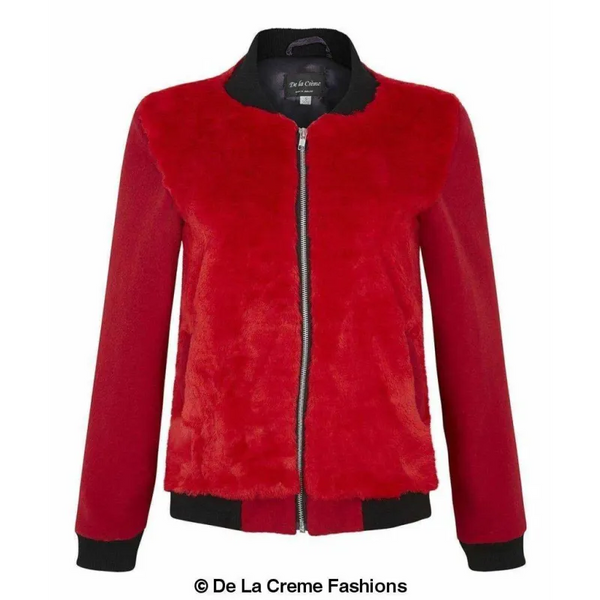 Womens Faux Fur Zip-Thru Varsity Bomber Jacket - Coats &