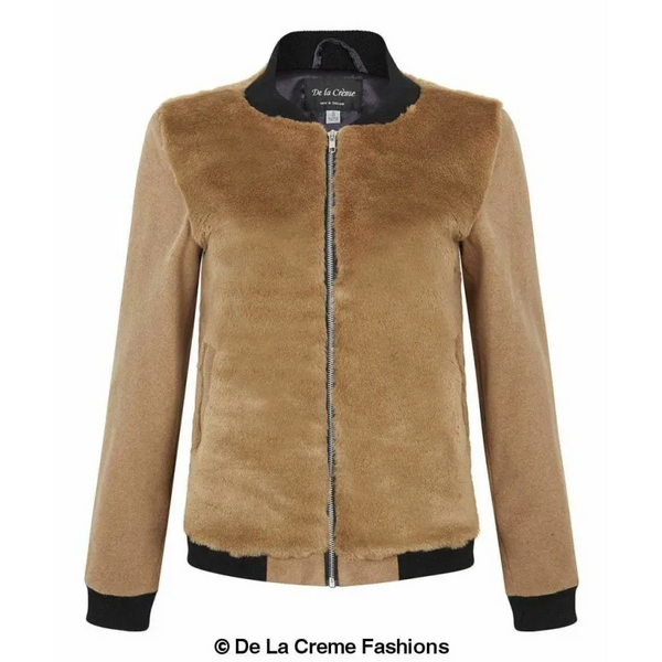 Womens Faux Fur Zip-Thru Varsity Bomber Jacket - Coats &