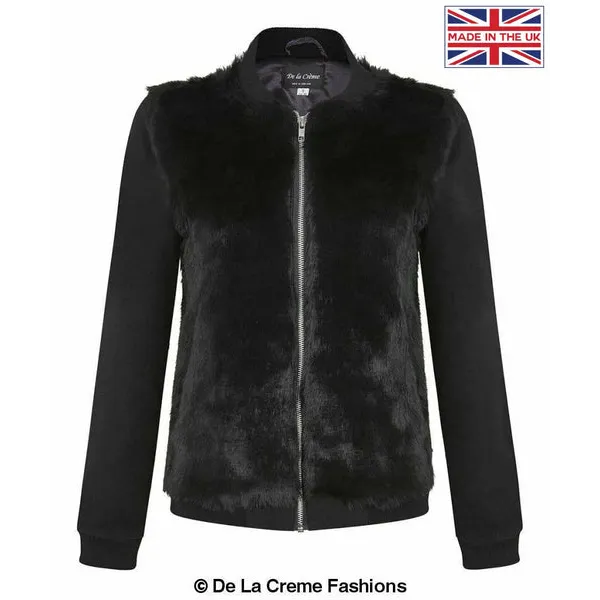 Womens Faux Fur Zip-Thru Varsity Bomber Jacket - S (UK 6-8)