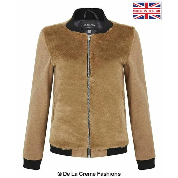 Womens Faux Fur Zip-Thru Varsity Bomber Jacket - S (UK 6-8)