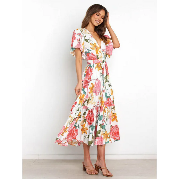 Women’s Floral Print Flutter Sleeve Faux Wrap Midi Dress