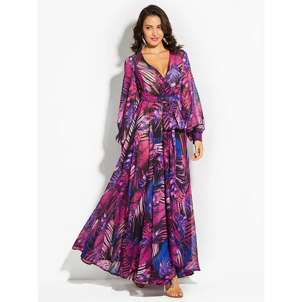 Women’s Lantern Sleeve V Neck Tie Leaf Print Swing Dress