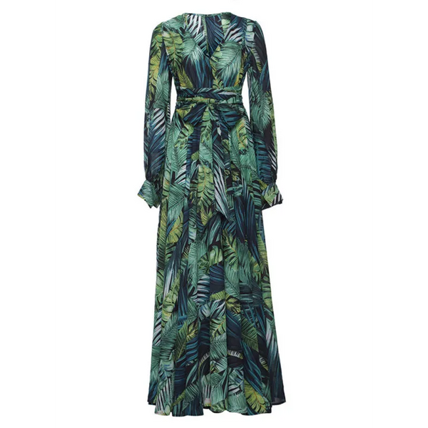 Women’s Lantern Sleeve V Neck Tie Leaf Print Swing Dress