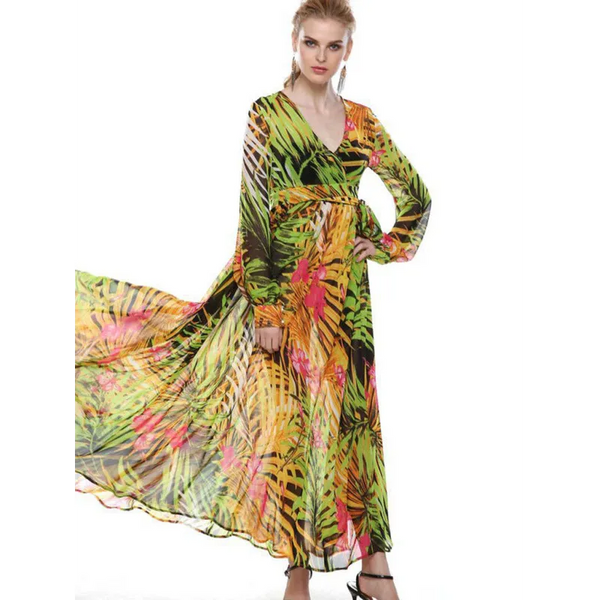 Women’s Lantern Sleeve V Neck Tie Leaf Print Swing Dress