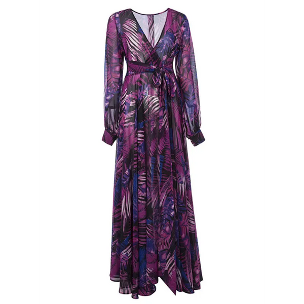 Women’s Lantern Sleeve V Neck Tie Leaf Print Swing Dress