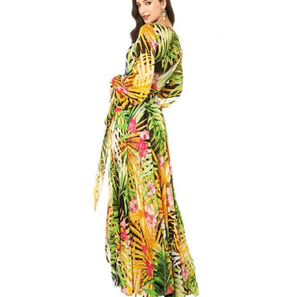 Women’s Lantern Sleeve V Neck Tie Leaf Print Swing Dress