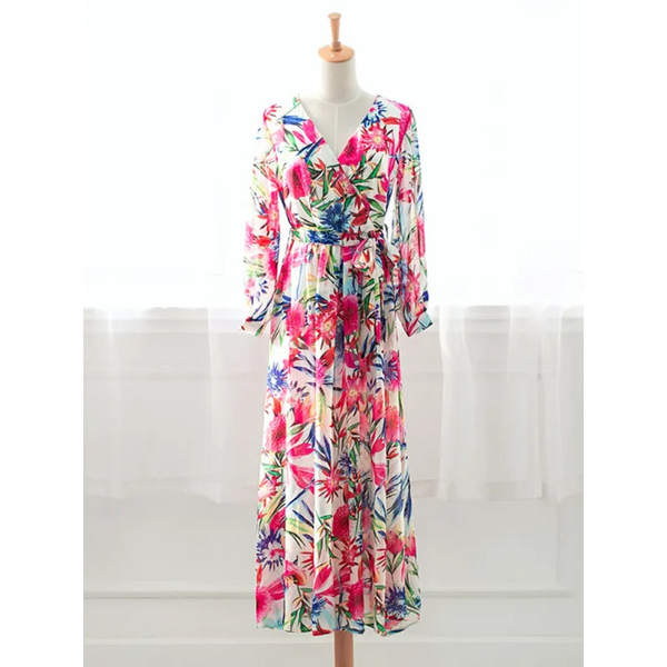 Women’s Lantern Sleeve V Neck Tie Leaf Print Swing Dress