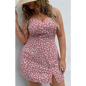 Women’s Plus Size Floral Slit Sling Short Dress - Pink / L