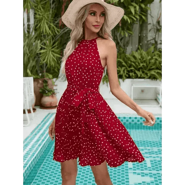 Women's Polka Dot Print Pleated Halter Neck Shift Dress - Epic Fashion UKAllDressWomen