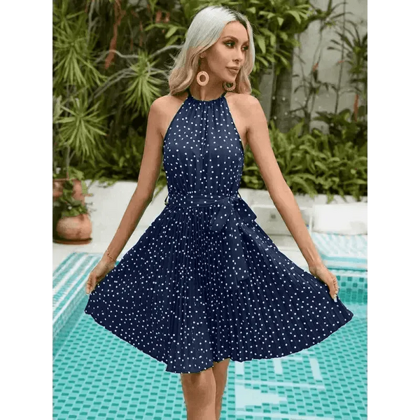 Women's Polka Dot Print Pleated Halter Neck Shift Dress - Epic Fashion UKAllDressWomen