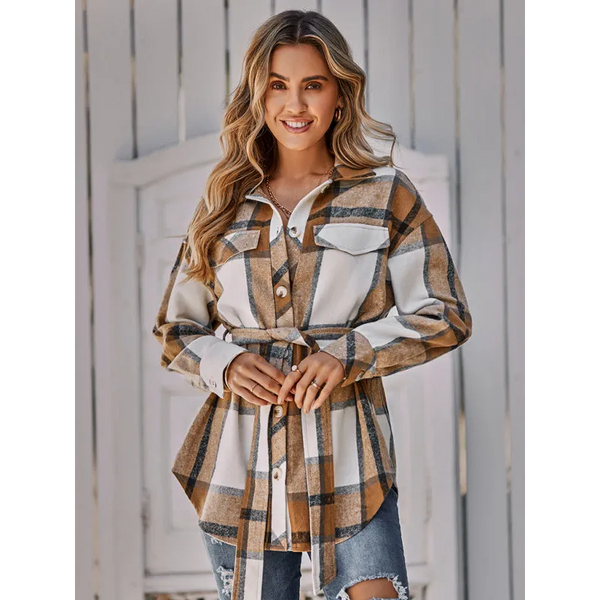 Women’s single breasted casual plaid belt jacket - Jacket