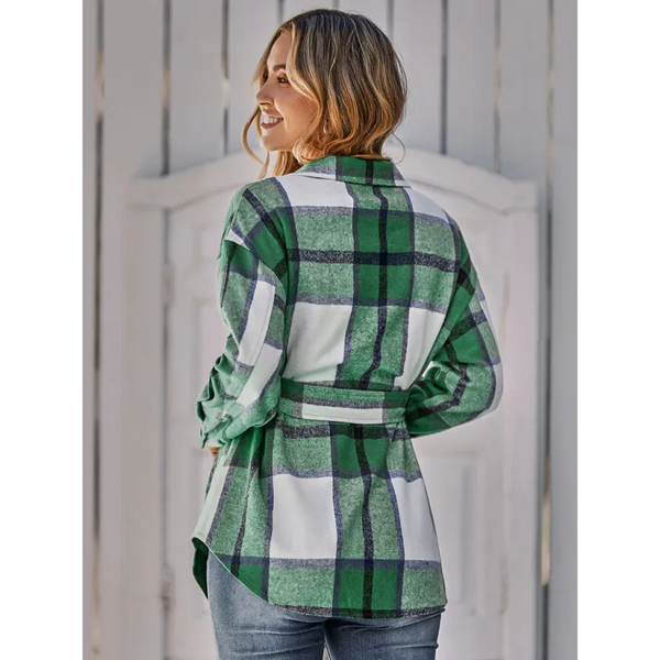 Women’s single breasted casual plaid belt jacket - Jacket