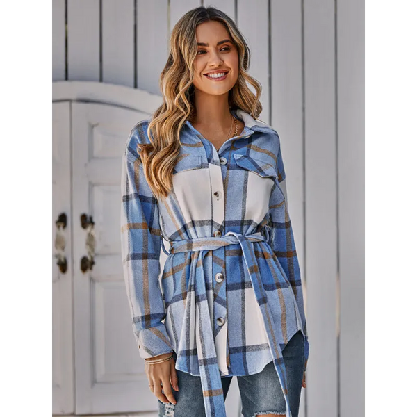 Women’s single breasted casual plaid belt jacket - Jacket