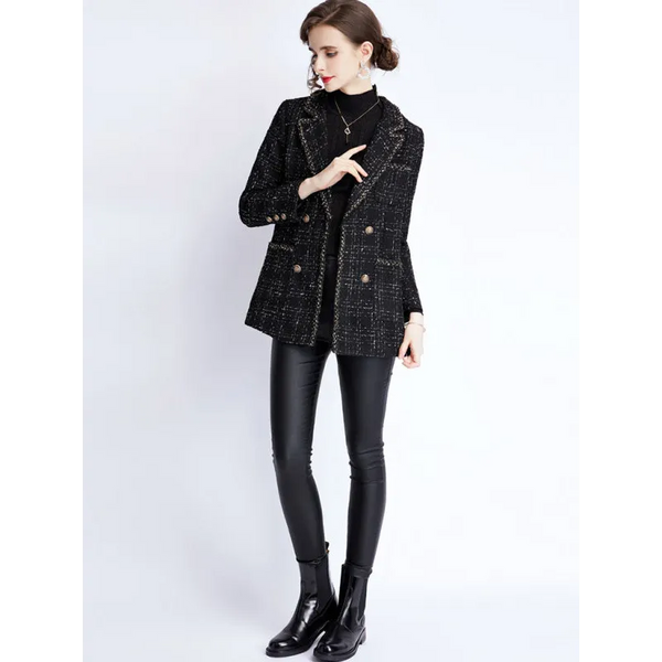 Women’s small fragrant wind long sleeve tweed tartan jacket