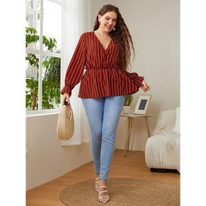 Women’s Stripe Faux Wrap Ruffle Long Sleeve Top